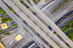 Aerial View Above of Busy Highway Road Junctions at day. The Intersecting Freeway Road Overpass The Eastern Outer Ring Road of