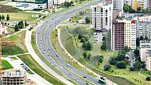 aerial view above on bypass road junction with heavy traffic