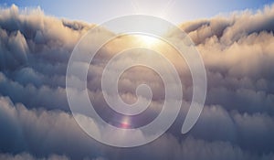 Aerial view above clouds at sunset. Weather and forecast concept. 3D rendered illustration.