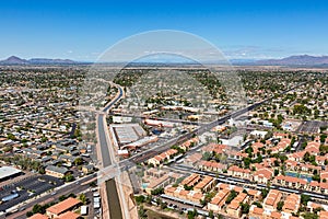 Aerial view from above the consolidated canal in Mesa, Arizona