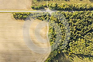 Aerial view from above of country road through the green forest and fields