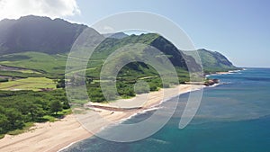 Aerial view from above down Drone shot. Beautiful tropical beach sea with white sand. Top view. Empty and clean beach in