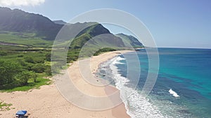 Aerial view from above down Drone shot. Beautiful tropical beach sea with white sand. Top view. Empty and clean beach in