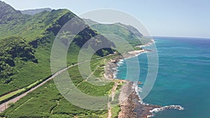 Aerial view from above down Drone shot. Beautiful tropical beach sea with white sand. Top view. Empty and clean beach in