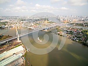 Aerial View Above The Expressway Across the Chao Phraya River