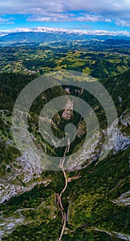 Aerial view above the gorge of Prapastiile Zarnestiuui in Piatra Craiului Mountains, Transylvania, Romania