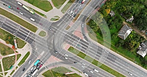 aerial view above on road junction with heavy traffic