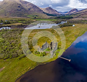 An aerial view above the ruins of the castle towards the northern end of Loch Awe, Scotland