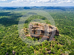 Aerial view from above of Sigiriya or the Lion Rock, an ancient fortress and a palace in Dambulla, Sri Lanka.