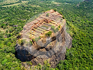 Aerial view from above of Sigiriya or the Lion Rock, an ancient fortress and a palace in Dambulla, Sri Lanka.