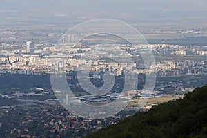 Aerial view from above of Sofia suburbs, cityscape of Sofia the capital of Bulgaria. Industrial area