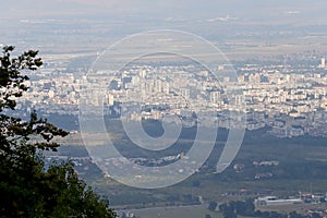 Aerial view from above of Sofia suburbs, cityscape of Sofia the capital of Bulgaria. Industrial area