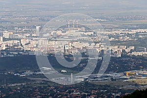 Aerial view from above of Sofia suburbs, cityscape of Sofia the capital of Bulgaria. Industrial area