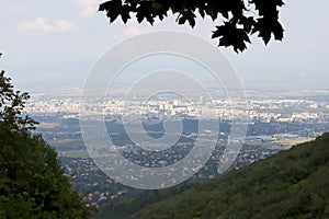 Aerial view from above of Sofia suburbs, cityscape of Sofia the capital of Bulgaria. Industrial area