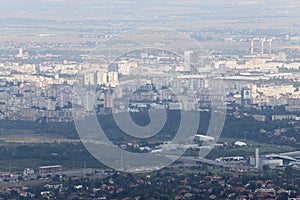 Aerial view from above of Sofia suburbs, cityscape of Sofia the capital of Bulgaria. Industrial area