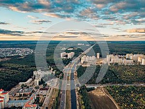 Aerial view from above, Voronezh city panorama with modern houses or buildings, urban architecture