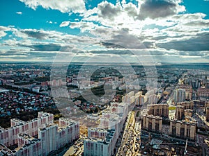 Aerial view from above, Voronezh city panorama with modern houses or buildings, urban architecture