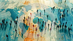 aerial view of an abstract crowd of people, walking on the world map, graphic illustration