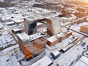 Aerial view of academpark technopark of the Novosibirsk Academic Township - large building with laboratories and innovative