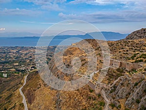 Aerial view of Acrocorinth the acropolis of ancient Corinth, Greece