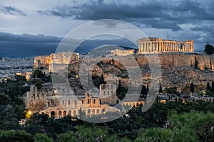 Aerial view of Acropolis of Athens with Parthenon temple in the night in Athens, Greece. Ancient Greek architecture at