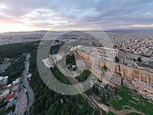 Aerial view of Acropolis of Athens, the Temple of Athena Nike, Parthenon, Hekatompedon Temple, Sanctuary of Zeus Polieus