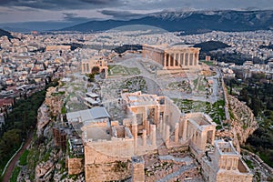 Aerial view of Acropolis of Athens, the Temple of Athena Nike, Parthenon, Hekatompedon Temple, Sanctuary of Zeus Polieus