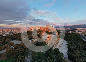 Aerial view of Acropolis of Athens, the Temple of Athena Nike, Parthenon, Hekatompedon Temple, Sanctuary of Zeus Polieus