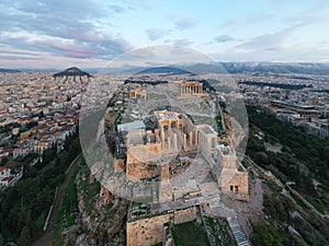 Aerial view of Acropolis of Athens, the Temple of Athena Nike, Parthenon, Hekatompedon Temple, Sanctuary of Zeus Polieus