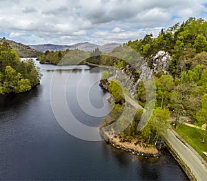 An aerial view across the eastern end of Loch Katrine in the Scottish Highlands