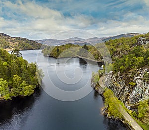 An aerial view across Loch Katrine in the Scottish Highlands