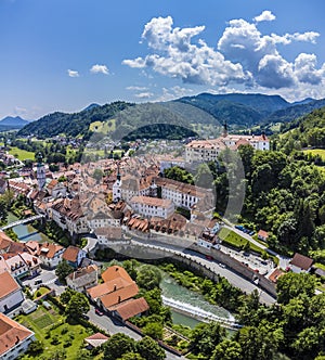 An aerial view across the Selca Sora river and the old town in Skofja Loka, Slovenia