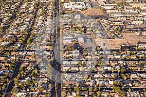 Aerial view across urban suburban community photo