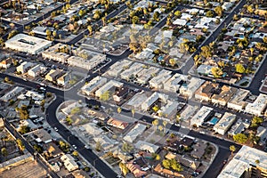 Aerial view across urban suburban community