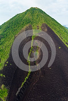Aerial view of active volcano in the Banda Islands Moluccas archipelago Indonesia. Gunung Api, lava flows, travel tourist
