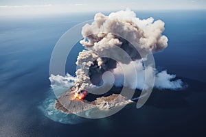 Aerial view of an active volcano erupting, spewing ash and smoke into the sky over a tranquil ocean, with lava flowing