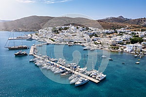 Aerial view of Adamas town, the port of Milos island