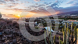 Aerial view on Adeje and Las Americas during wonderful sunset, Tenerife