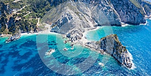 Aerial view Agia Eleni beach in Kefalonia Island, Greece. Remote beautiful rocky beach with clear emerald water and high