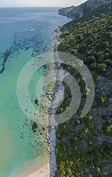 Aerial view of Agios Georgios beach, close to Port Timoni. Corfu island, Greece.