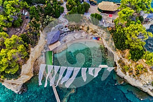 Aerial view Agios Sostis with bidge, small island in Zakynthos,