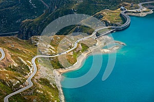 Aerial view of the Agnel lake and the road in Piedmont, Italy photo