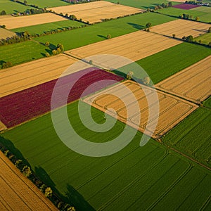 Aerial view of agricultural fields displaying a patchwork of colors and textures. Green photo