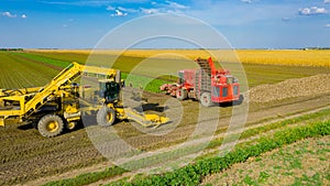 Aerial view on agricultural machines for harvest ripe sugar beet