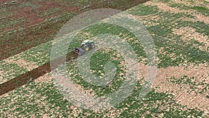 Aerial view of an agricultural tractor plowing a field with weeds creating furrows in the ground