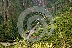 Aerial View of Aguas Calientes Town and Urubamba River as Seen from Huayna Picchu Mountain, Machu Picchu, Cusco Region of Peru