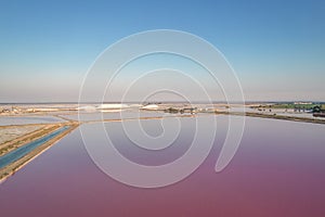 Aerial view of the Aigues-Mortes salt marsh Salin dâ€™Aigues-Mortes at sunset