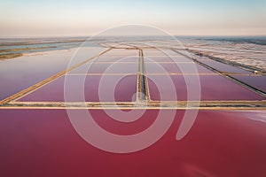 Aerial view of the Aigues-Mortes salt marsh Salin dâ€™Aigues-Mortes at sunset