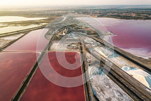 Aerial view of the Aigues-Mortes salt marsh Salin dâ€™Aigues-Mortes at sunset