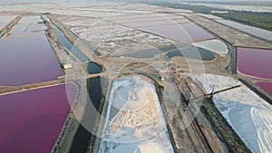 Aerial view of the Aigues-Mortes salt marsh Salin dâ€™Aigues-Mortes at sunset